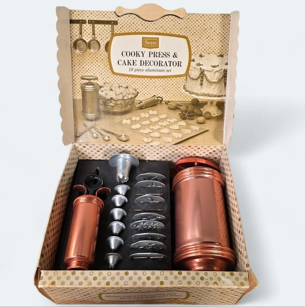 Vintage Sears Cooky Press & Cake Decorator Set Copper and Silver Tone